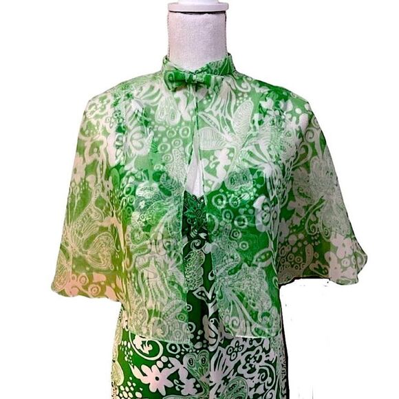 Vintage Floral Green Strappy Maxi Dress with matching cape size XS - Picture 1 of 14